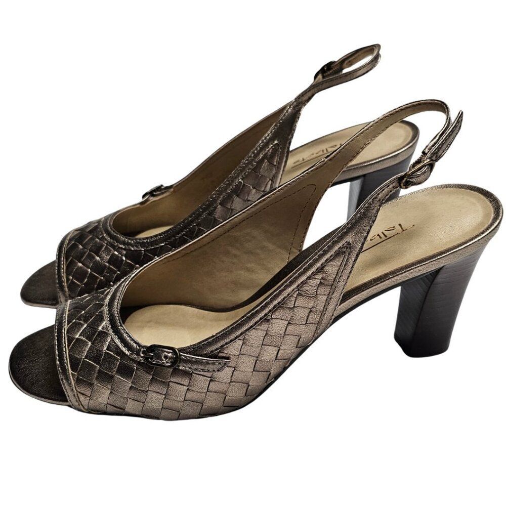 Talbots Slingback Sandal Open Toe Metallic Pewter Basketweave Leather Stacked